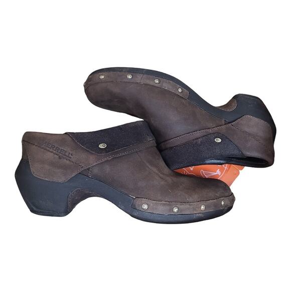 Merrell Chocolate Brown Leather Luxe Wrap Studded Clogs Mules Shoes Women's 7 - Picture 6 of 7